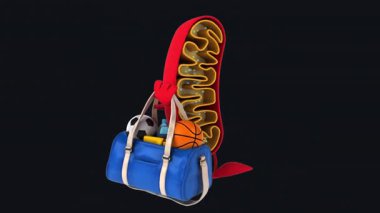 Komik 3D çizgi film karakteri mitokondri spor çantası tutuyor. 