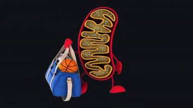 Komik 3D çizgi film karakteri mitokondri spor çantası tutuyor. 