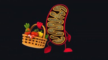 3 boyutlu eğlenceli çizgi film karakteri mitokondri elinde sebze tutuyor.