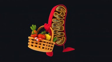 3 boyutlu eğlenceli çizgi film karakteri mitokondri elinde sebze tutuyor.