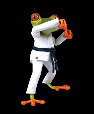 Eğlenceli 3D karateka kurbağası Jodan Age Uke yapıyor.