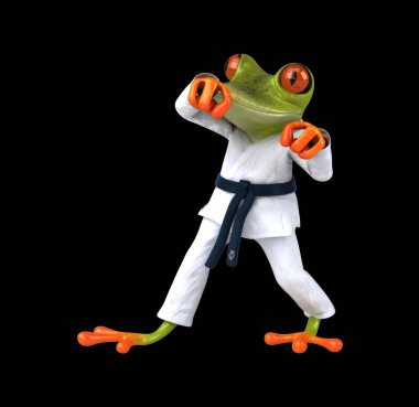 Eğlenceli 3D karateka kurbağası Jodan Age Uke yapıyor.