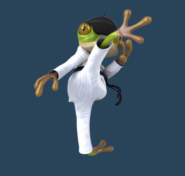 Eğlenceli 3 boyutlu karikatür karakteri Karateka kurbağası