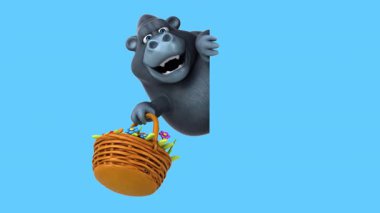 Bir sepet çiçekli eğlenceli orangutan çizgi film karakteri 