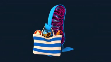 Komik 3D çizgi film karakteri mitokondri elinde plaj çantası tutuyor.