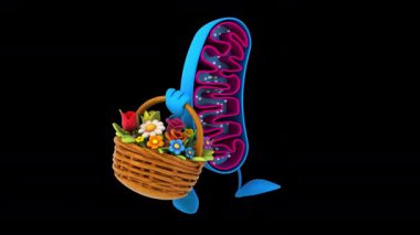 Komik 3D çizgi film karakteri Mitokondri elinde çiçekler