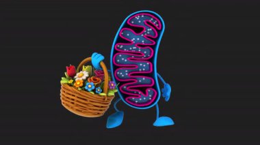 Komik 3D çizgi film karakteri Mitokondri elinde çiçekler