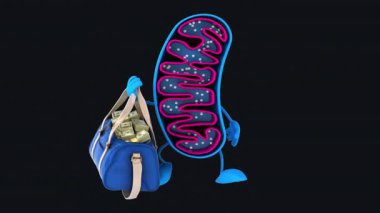 Komik 3D çizgi film karakteri mitokondri para çantası tutuyor. 