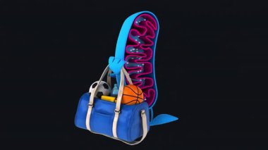 Komik 3D çizgi film karakteri mitokondri spor çantası tutuyor. 