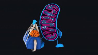 Komik 3D çizgi film karakteri mitokondri spor çantası tutuyor. 