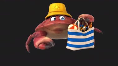 Siyah arka planda plaj çantası taşıyan komik yengeç çizgi filmi.