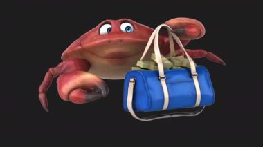 Siyah arka planda para dolu çanta taşıyan komik bir yengeç.