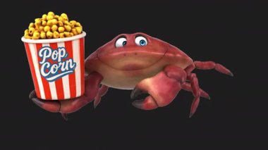 Siyah arka planda patlamış mısır taşıyan komik yengeç.