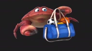 Siyah arka planda spor çantası taşıyan komik bir yengeç.