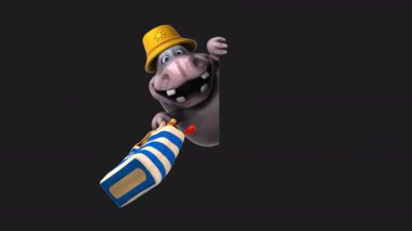 Plaj çantalı bir çizgi film karakteri hipopotamın 3 boyutlu eğlenceli animasyonu. 