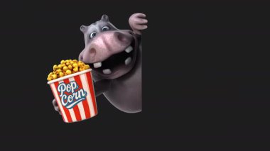 Patlamış mısırlı bir çizgi film karakteri hipopotamın 3 boyutlu eğlenceli animasyonu 