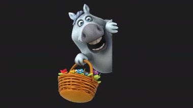 Bir sepet çiçekli komik çizgi film karakteri atı - 3 boyutlu animasyon 