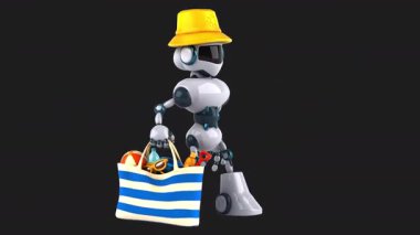 3 boyutlu eğlenceli animasyon karakter robotu plaj çantası tutuyor.