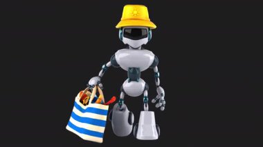 3 boyutlu eğlenceli animasyon karakter robotu plaj çantası tutuyor.