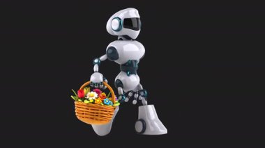 Eğlenceli 3D animasyon karakter robot elinde çiçekli sepet 