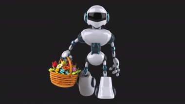 Eğlenceli 3D animasyon karakter robot elinde çiçekli sepet 