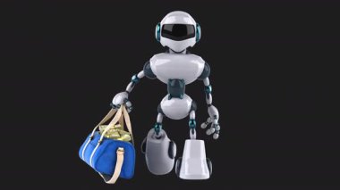 Eğlenceli 3D animasyon karakter robot para dolu çanta. 