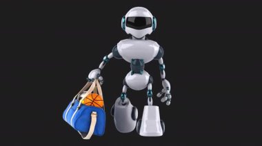 3 boyutlu eğlenceli animasyon karakter robotu spor çantası tutuyor. 