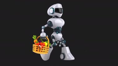 3 boyutlu eğlenceli animasyon karakter robotu sebzeli sepet tutuyor. 