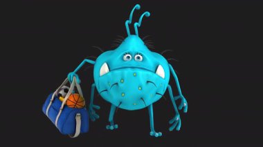 Siyah arka planda spor çantası taşıyan 3 boyutlu komik çizgi film virüsü. 