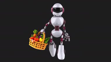 Eğlenceli 3 boyutlu çizgi film karakteri robot kadın elinde sebze tutuyor.
