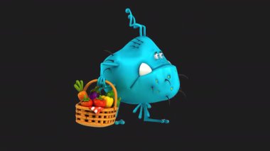 Siyah arka planda sebze taşıyan 3 boyutlu eğlenceli çizgi film virüsü. 