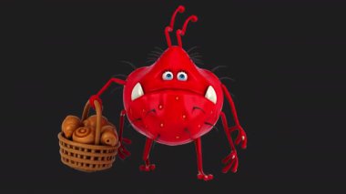 Komik 3D çizgi film virüsü siyah arkaplanda hamur işleri barındırıyor 