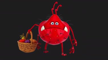 Siyah arka planda meyveler tutan 3 boyutlu eğlenceli çizgi film virüsü 