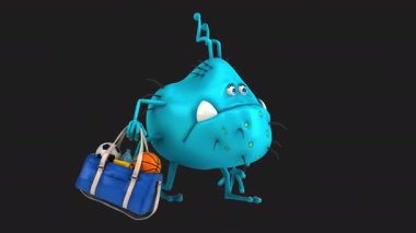 Siyah arka planda spor çantası taşıyan 3 boyutlu komik çizgi film virüsü. 