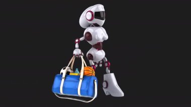 Eğlenceli 3 boyutlu çizgi film karakteri robot kadın spor çantası tutuyor. 