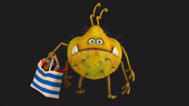 Siyah arka planda plaj çantası taşıyan 3 boyutlu komik çizgi film virüsü. 