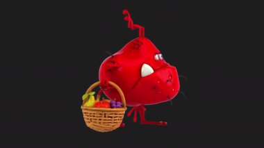 Siyah arka planda meyveler tutan 3 boyutlu eğlenceli çizgi film virüsü 