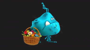 Siyah arka planda çiçekleri tutan 3 boyutlu komik çizgi film virüsü 