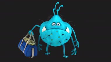 Komik 3D çizgi film virüsü para çantasını siyah arka planda tutuyor. 