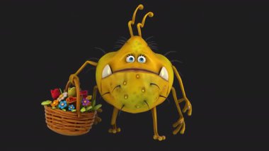 Siyah arka planda çiçekleri tutan 3 boyutlu komik çizgi film virüsü 