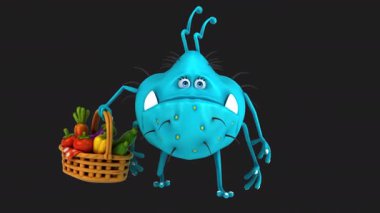 Komik mavi canavar siyah arka planda sebze sepeti taşıyor.