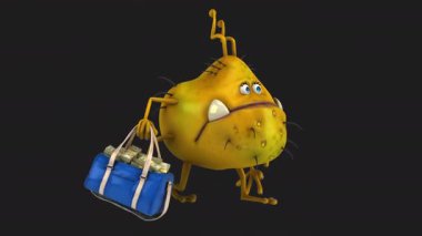 Komik sarı canavar siyah arka planda para çantası taşıyor.