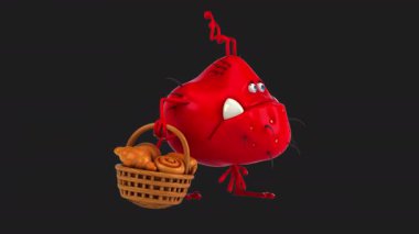 Komik kırmızı canavar siyah arka planda hamur işi sepeti taşıyor.