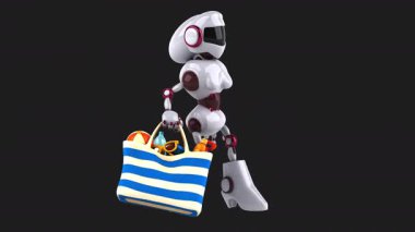 Çizgi filmdeki robot kadın siyah arka planda plaj çantası taşıyor.