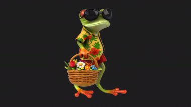Komik kurbağa çizgi film karakteri elinde çiçek sepeti - 3 boyutlu animasyon 
