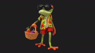Meyve tutan komik kurbağa çizgi film karakteri - 3 boyutlu animasyon 