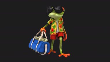 Para çantası taşıyan komik kurbağa çizgi film karakteri - 3 boyutlu animasyon 