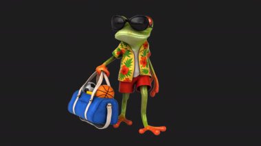 Spor çantası taşıyan komik kurbağa çizgi film karakteri - 3 boyutlu animasyon 