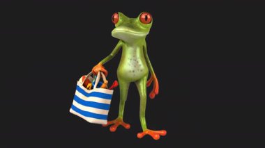 Elinde plaj çantası olan komik kurbağa çizgi film karakteri - 3 boyutlu animasyon 