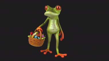 Elinde çiçekler olan komik kurbağa çizgi film karakteri - 3 boyutlu animasyon 